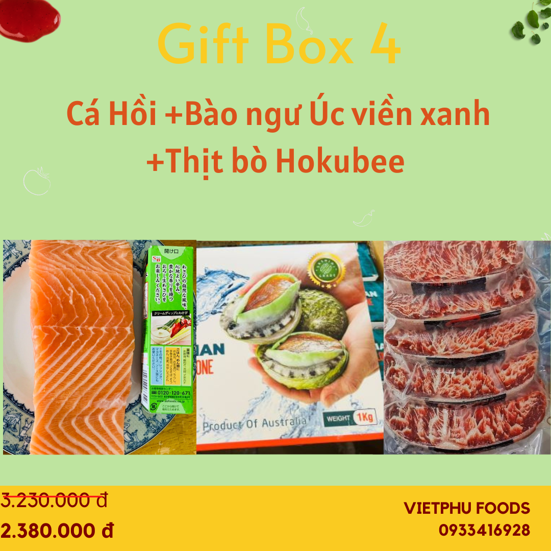 Gift Box 4- Cá hồi Nauy+Bào ngư Úc viền xanh+Bò Hokubee Úc