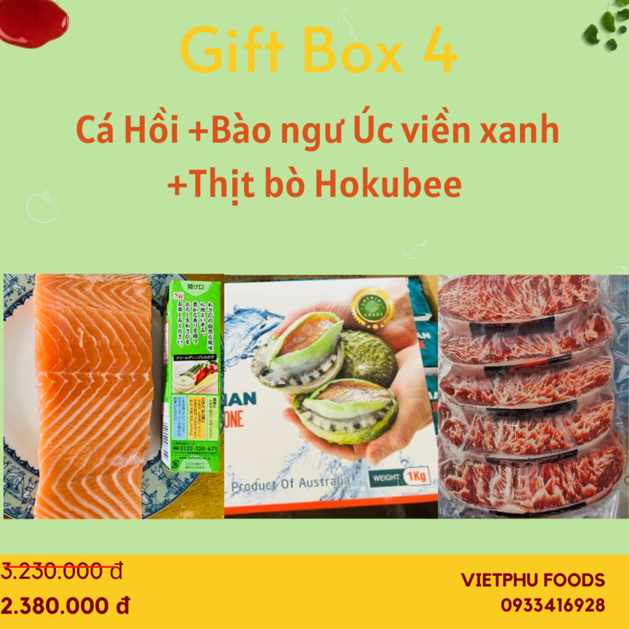 Gift Box 4- Cá hồi Nauy+Bào ngư Úc viền xanh+Bò Hokubee Úc
